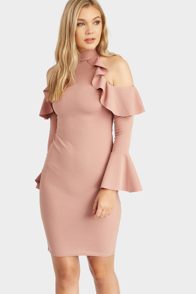 Rose Cut Out Shoulder Frill Dress
