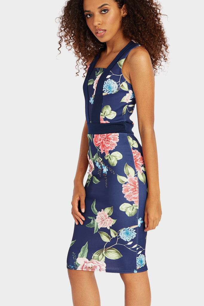 Navy/Pink Floral Midi Dress