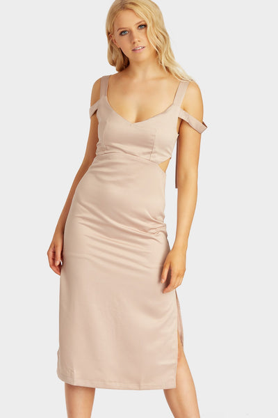 Rose Cold Shoulder Cut Out Side Midi Dress