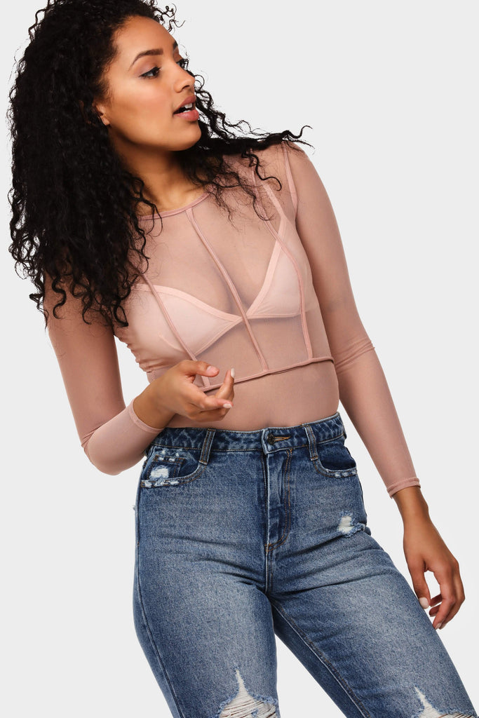 Rose Piped Long Sleeve Mesh Bodysuit