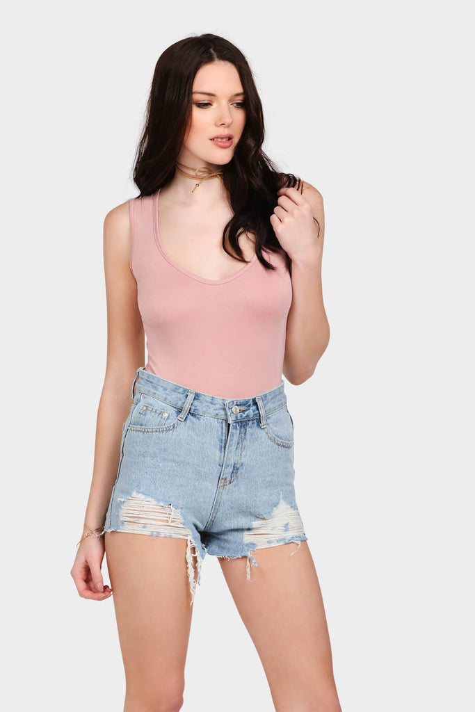 Dusky Pink Sleeveless V Neck Bodysuit