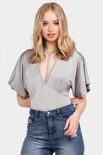 Silver Batwing Bodysuit With Plunge V Neck