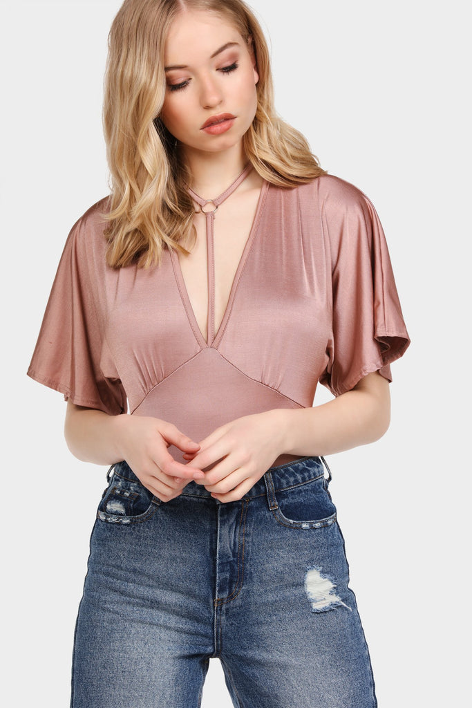 Rose Batwing Bodysuit With Plunge V Neck