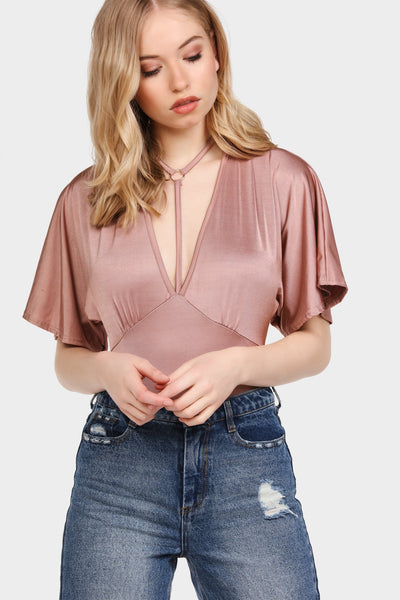 Rose Batwing Bodysuit With Plunge V Neck