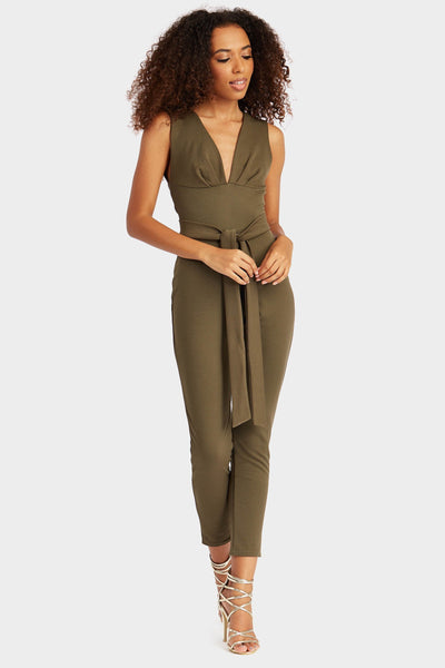 Khaki Deep V Jumpsuit