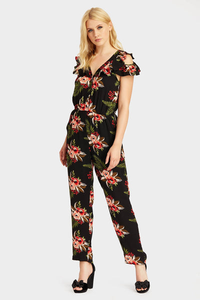 Multi Floral Cold Shoulder Frill Jumpsuit