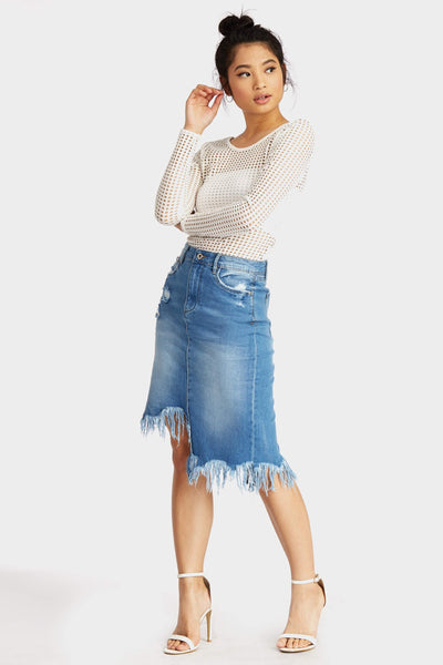 Blue Stepped Hem Distressed Denim Skirt