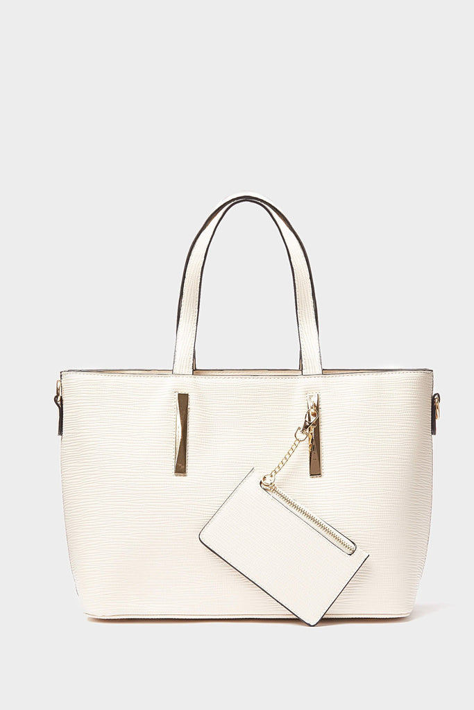Beige Textured Shopper Bag With Coin Purse