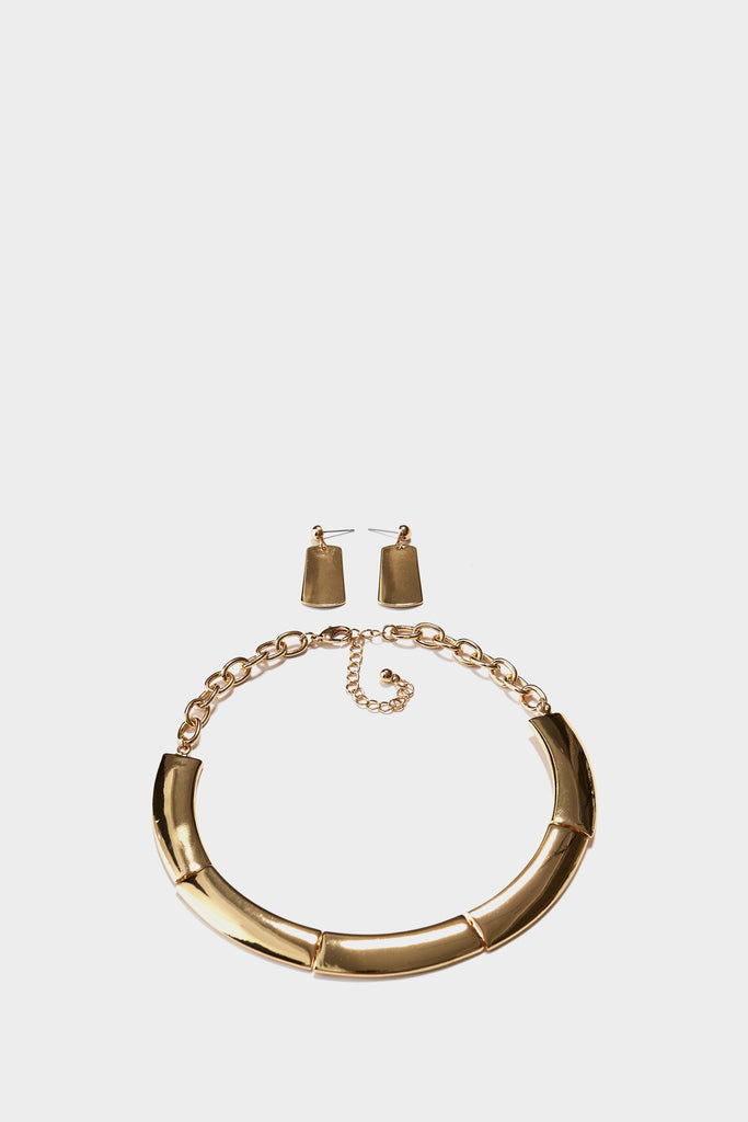 Gold Metal Collar Chain Necklace And Earring Set