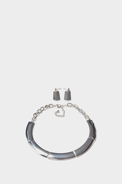 Silver Metal Collar Chain Necklace And Earring Set