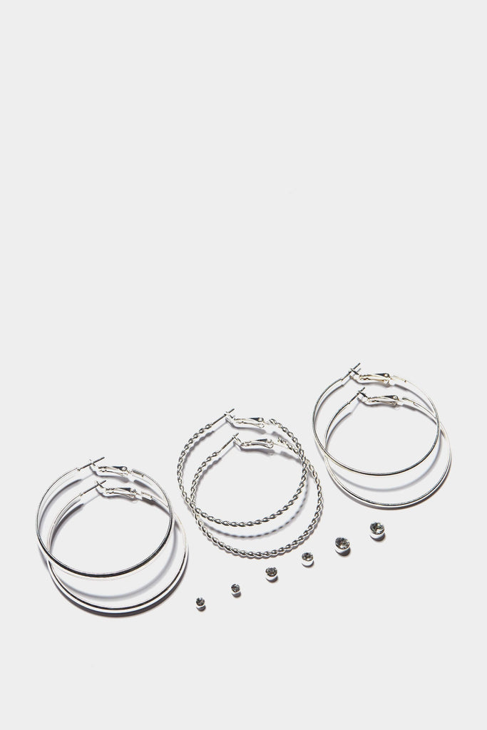 Silver Six Pairs Of Stud Pairs And Hoop Earrings Set