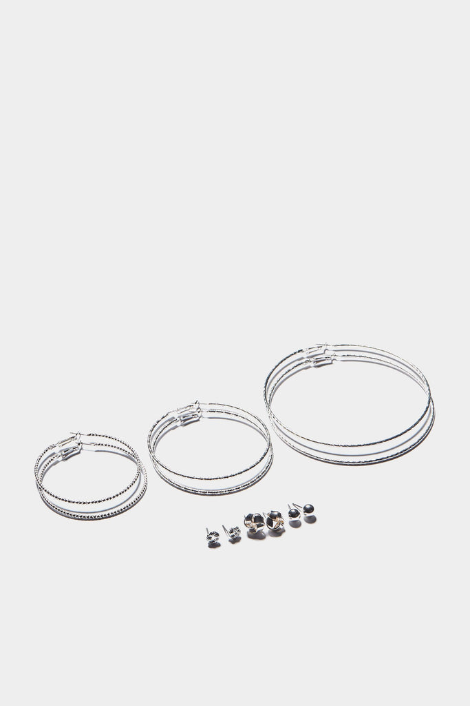 Silver Diamond Cut Hoop And Stud Earring Set