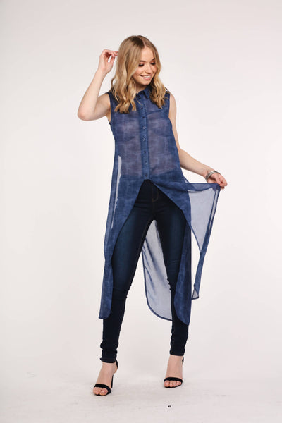 Denim Sleeveless Side Split Maxi Shirt